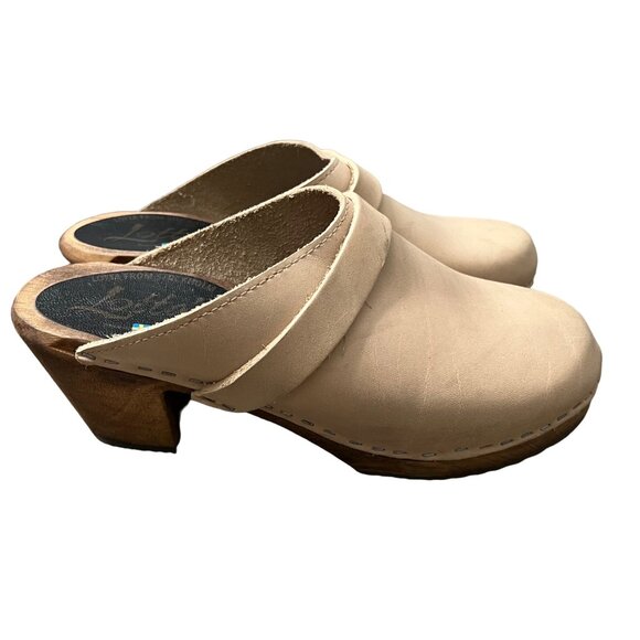 Lottas Sweden Beige Leather Slip On Clog Wooden Heels Size 9 EU39 - Picture 2 of 10